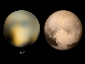 Porównanie obrazów tej samej półkuli Plutona wykonanych przez HST (z lewej) i New Horizons (z prawej).